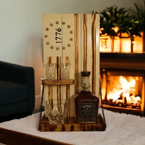 American 1776 Flag Whiskey Rack White and wood burnt, Whiskey bottle rack with shelf for shot glasses, Gift, mother&#39;s day, father&#39;s day