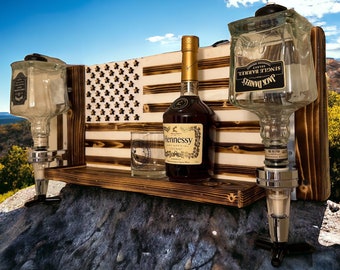 American Flag Whiskey Rack White and wood burnt with Dispenser, Whiskey/Wine bottle rack with shelf for shot glasses, Gift, Holiday gift