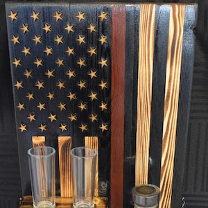 American Flag Whiskey Rack Black wood burnt and Red Line, Whiskey bottle rack, American Flag Whiskey Rack, mothers day, father&#39;s day, Gifts