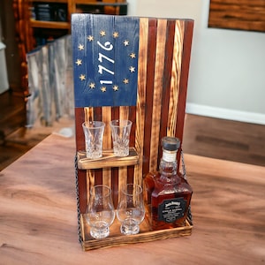 1776 Flag Whiskey Rack Red, Blue and wood burnt, patriotic Whiskey bottle rack with small shelf for shot glasses, Gift, Christmas
