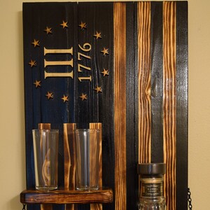 American 3% Flag Whiskey Black and wood burnt, Whiskey bottle rack, American Flag Whiskey Rack, Christmas Gift, mother&#39;s day, father&#39;s day