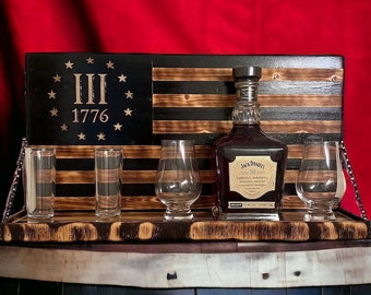 American Flag Whiskey Rack Black and wood burnt, 3%, Whiskey bottle rack, American Flag Whiskey Rack, Christmas, mother's day, father's day