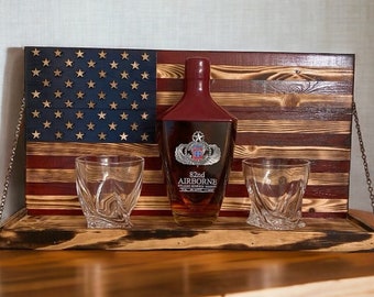 American Flag Whiskey Rack Red, Blue and wood burnt, Whiskey bottle rack, American Flag Whiskey Rack, Christmas, mother's day, father's day