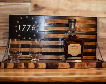 American 1776 Flag Whiskey Rack Black and wood burnt, 1776 Whiskey bottle rack, wall rack, Betsy Flag, Christmas, mothers day, fathers day