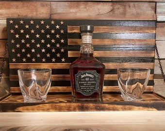 American Flag Whiskey Rack Black and wood burnt, Whiskey bottle rack with shelf for shot glasses, Christmas Gift, mother's day, father's day