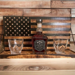 American Flag Whiskey Rack Black and wood burnt, Whiskey bottle rack with shelf for shot glasses, Christmas Gift, mother's day, father's day