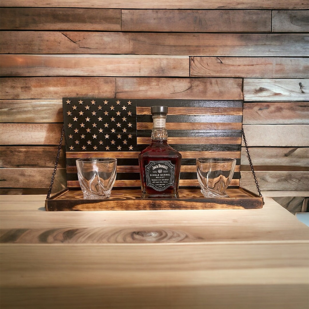 Handmade American Flag Whiskey Rack, Wood Burnt, Bottle and Shot Glass ...