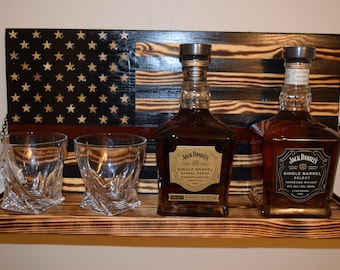 American Flag Whiskey Rack Black and wood burnt with Red line, Whiskey bottle rack with shelf, Christmas Gift, mother's day, father's day