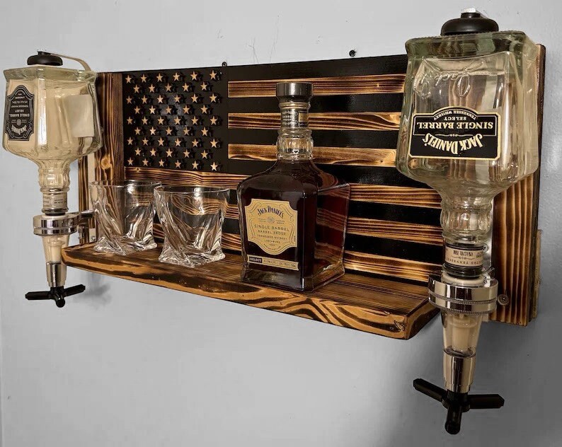 Model Whiskey Rack American Flag Whiskey Rack With Dispenser, Wood Burned Bar Shelf - Etsy