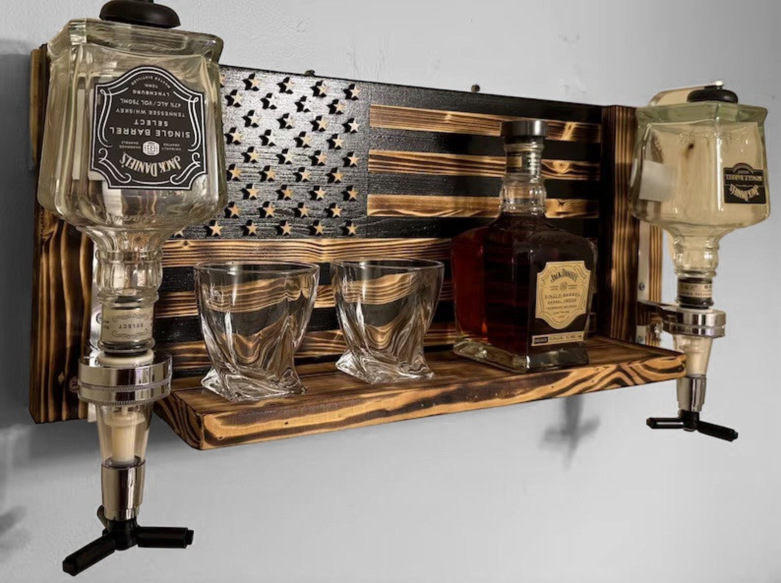 American Flag Whiskey Rack With Dispenser, Wood Burned Bar Shelf - Etsy