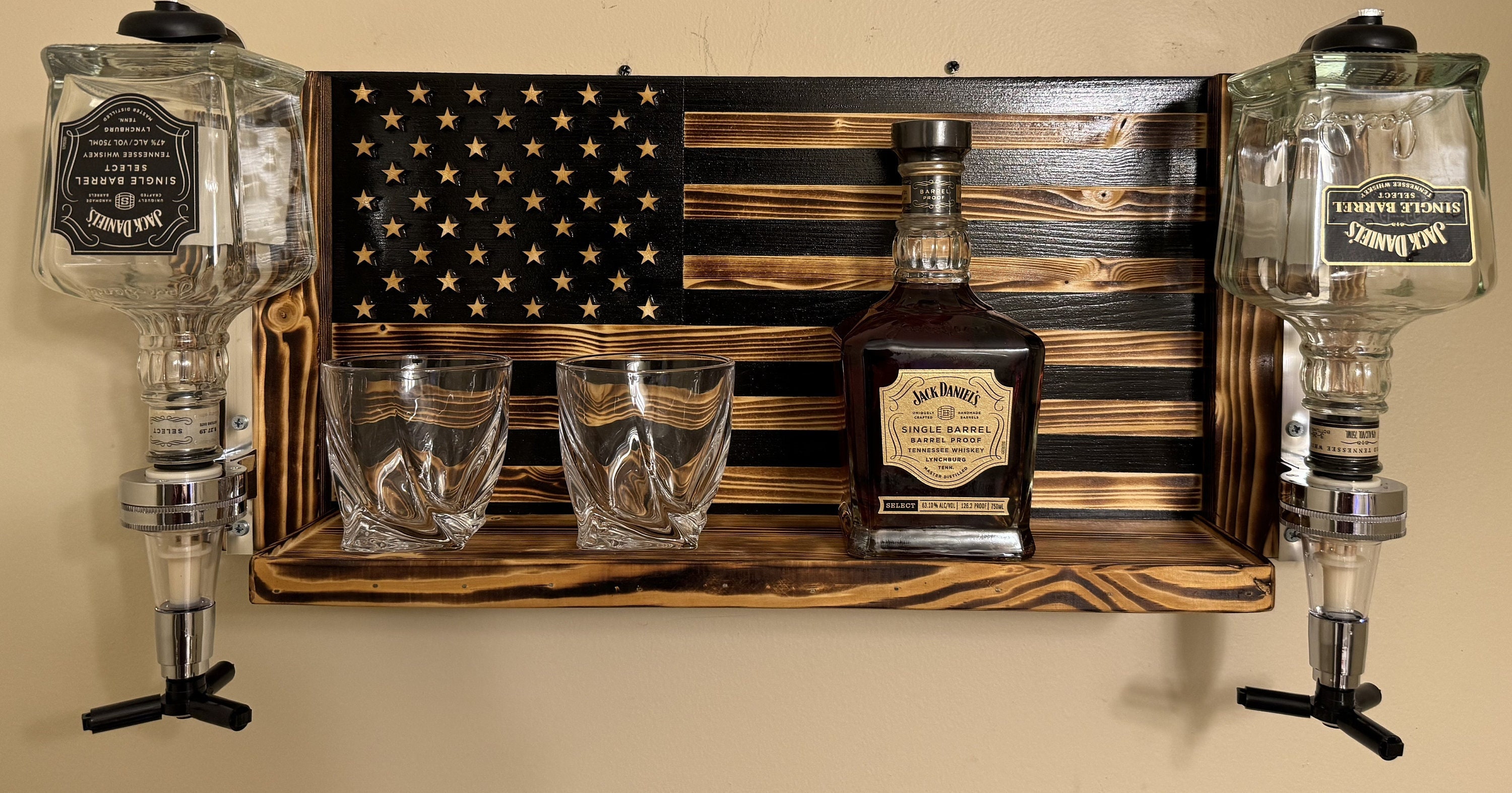 American Flag Whiskey Rack With Dispenser, Wood Burned Bar Shelf - Etsy