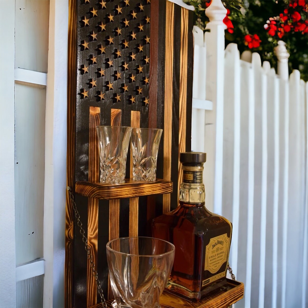 Handmade Wood Burnt American Flag Whiskey Rack With Shot Glass Shelf - Etsy