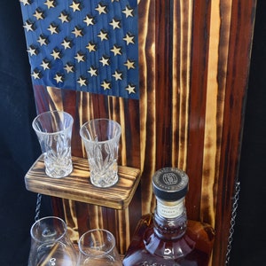 American Flag Whiskey Rack Red, Blue and wood burnt, Whiskey bottle rack with  shelf for shot glass, Christmas, mother&#39;s day, father&#39;s day