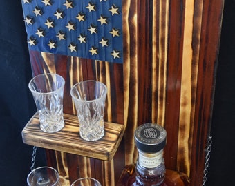 American Flag Whiskey Rack Red, Blue and wood burnt, Whiskey bottle rack with  shelf for shot glass, Christmas, mother's day, father's day