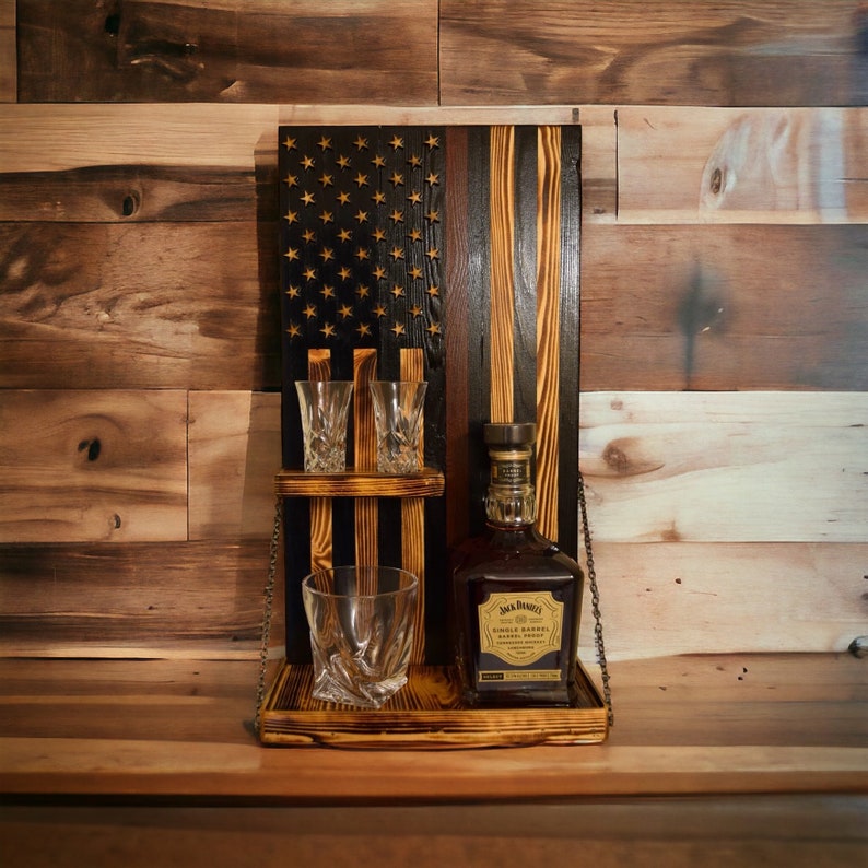 Handmade Wood Burnt American Flag Whiskey Rack With Shot Glass Shelf - Etsy