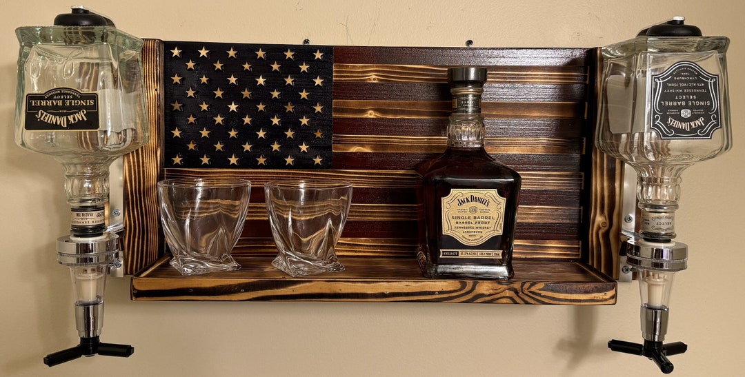 American Flag Whiskey Rack Red, Blue and Wood Burnt With Dispenser ...