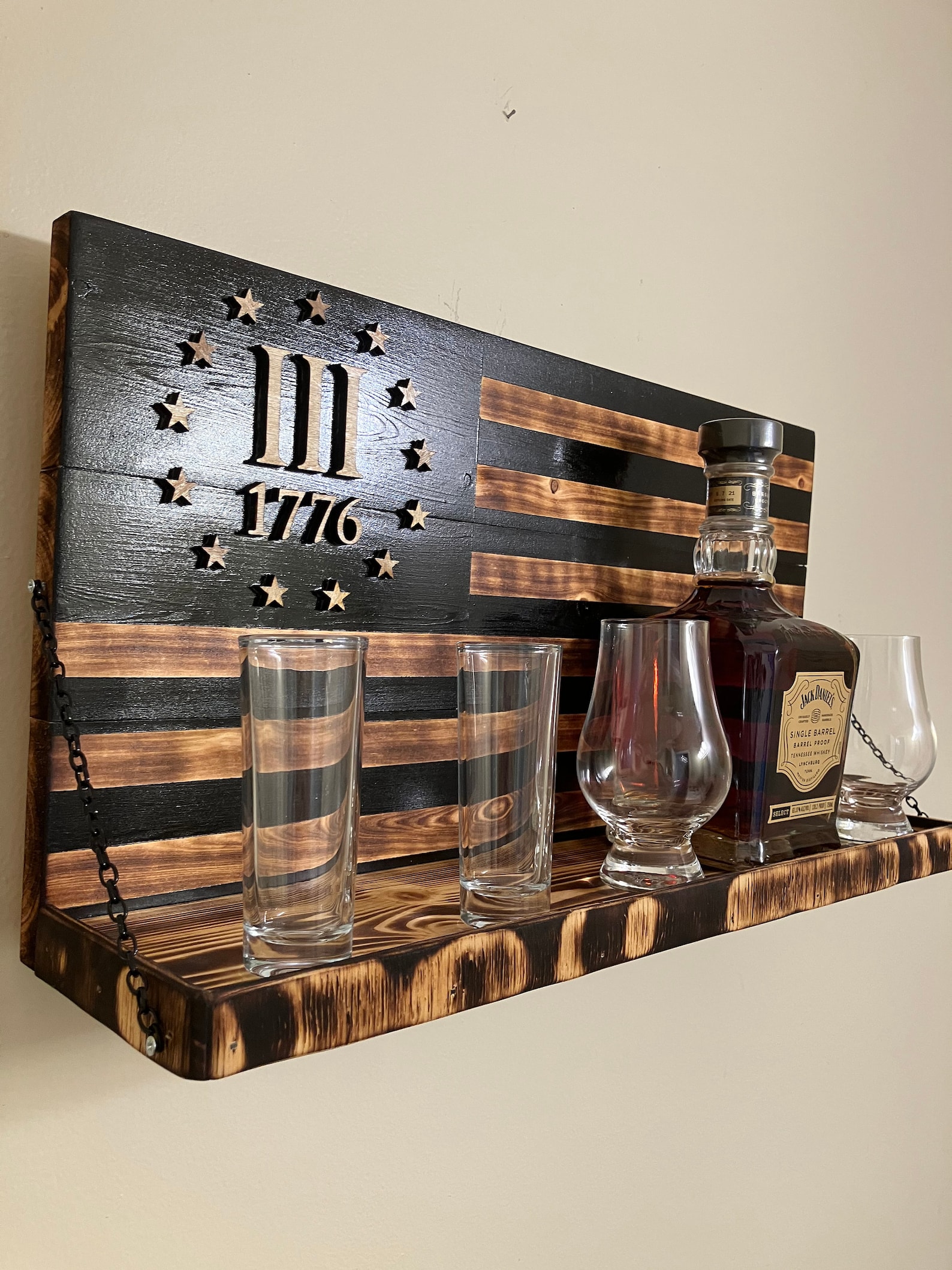 Handmade American Flag Whiskey Rack, Black Wood Burnt, Locking Chains ...