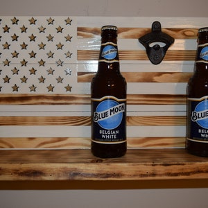 10% Price Drop. DISCONTINUING ITEM. American Flag Beer/Whiskey Rack White and wood burnt with opener, American Flag Beer Rack, Gift