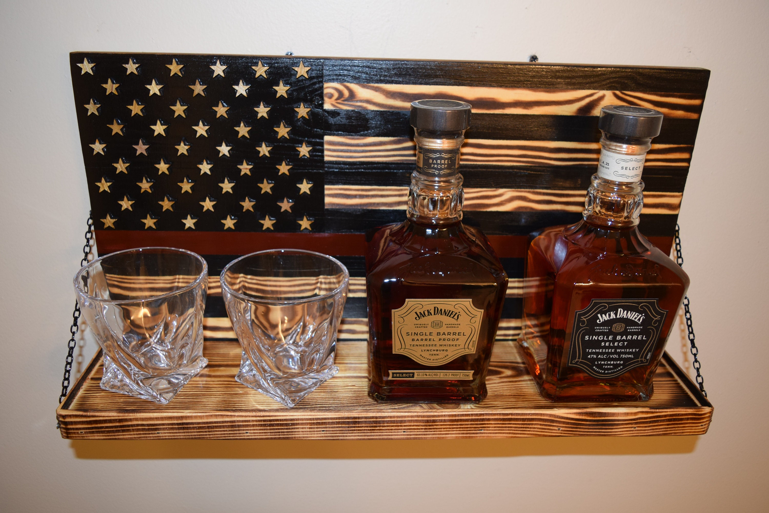 American Flag Whiskey Rack Black and Wood Burnt With Red Line, Whiskey ...