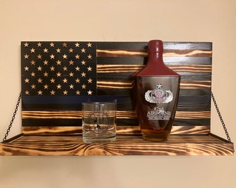 American Flag Whiskey Rack Black and wood burnt with Blue line, Whiskey bottle rack with shelf, Christmas Gift, mother's day, father's day