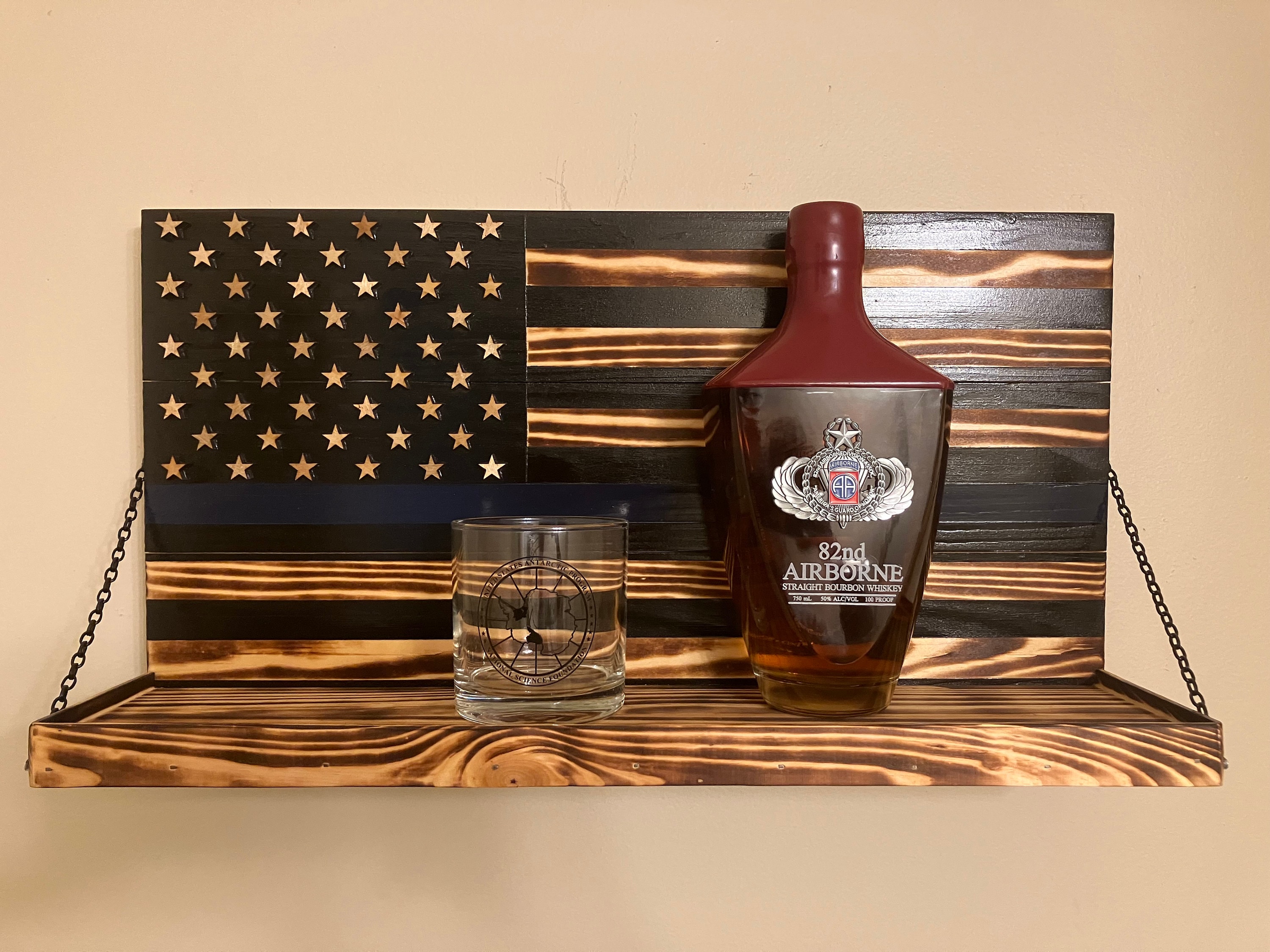 Handmade American Flag Whiskey Rack, Black Wood With Blue Line - Etsy