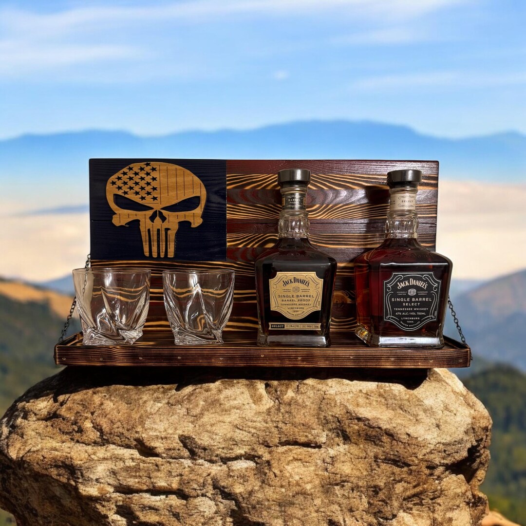 American Flag Punisher Skull Whiskey Rack, Wood Burnt Liquor Shelf - Etsy