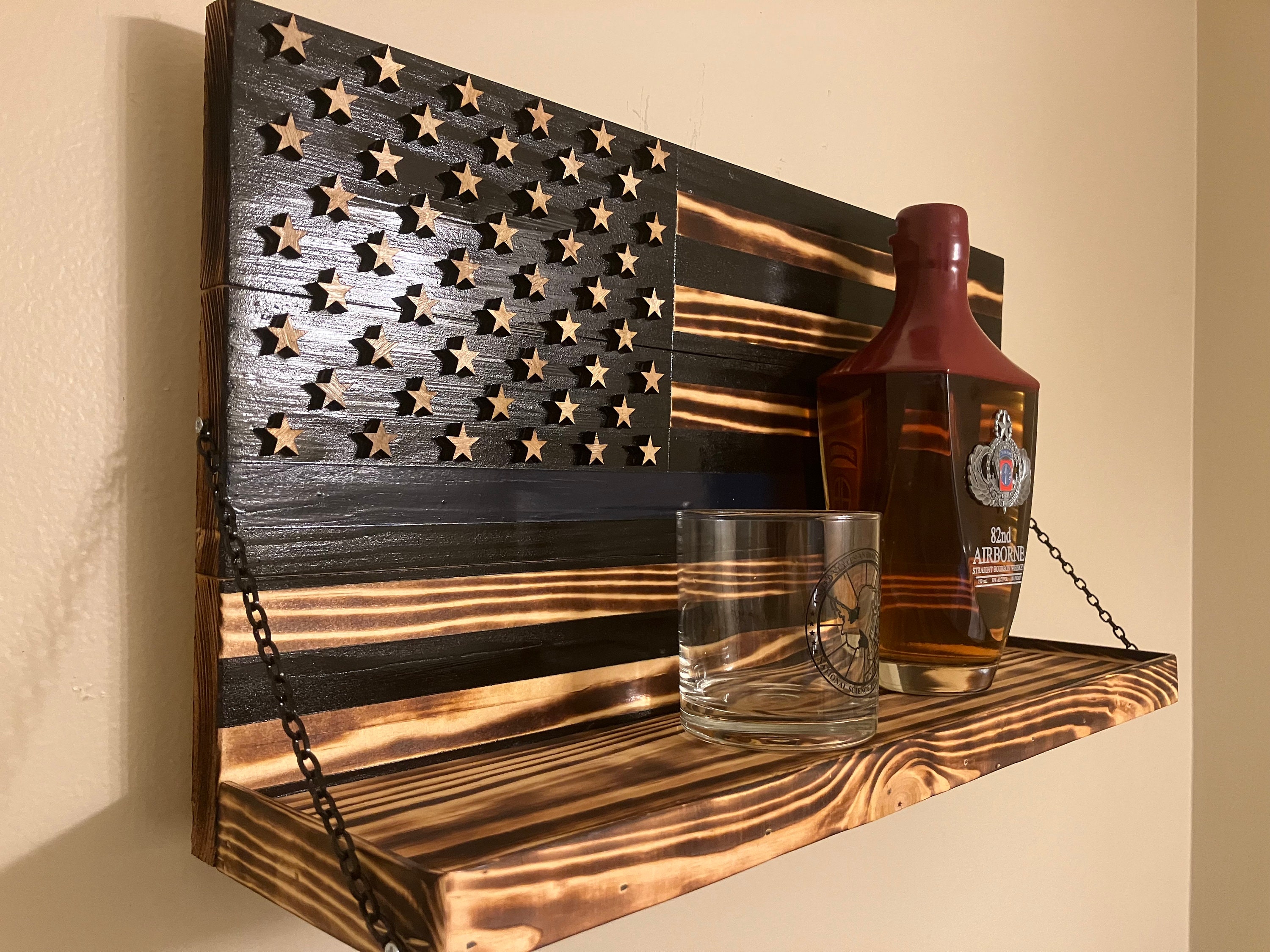 Handmade American Flag Whiskey Rack, Black Wood With Blue Line - Etsy