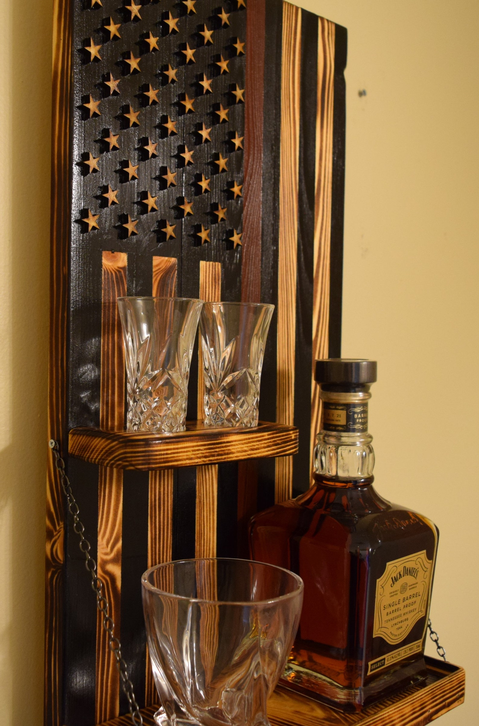 American Flag Whiskey Rack Black Wood Burnt and Red Line, Whiskey ...