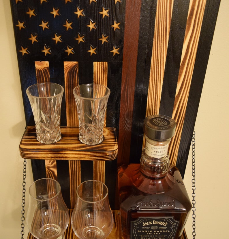 American Flag Whiskey Rack Black Wood Burnt and Red Line, Whiskey ...