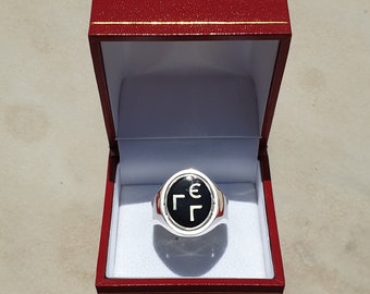 Masonic Ring - Rotating Square & Compass with Your 3 Initials (925K), Black and White Enamel