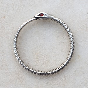 May include: A silver snake ring with a red stone eye. The ring is made of a snake-like design with scales.