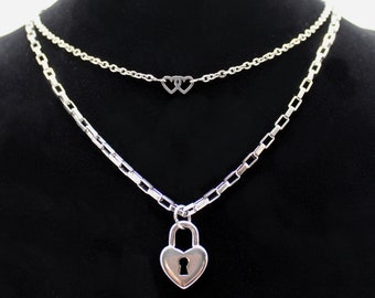 Layered lovers necklace - stainless steel chain with heart shaped charms