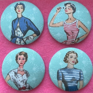 Retro Mid Century Button Magnet Set, Fifties Fashion Magnets, 1950’s Home Decor, Fabric Covered Button Magnets, Cute Gift For Her