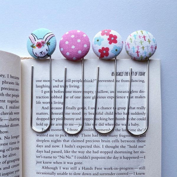Retro Easter Fabric Paperclip Bookmark, Bunny and Polka Dot Button Bookmark, Cute Pink Blue Bookmark, Christian Gift, Easter Basket Gift