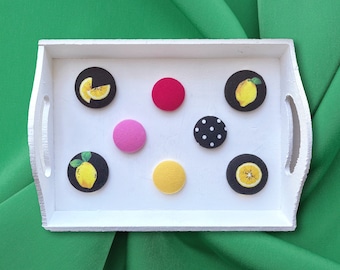 Retro Lemon Button Magnet Set, Polka Dot Fabric Button Magnets, Summer Home Decor, Fridge Magnet Gift Set, Cute Gift For Her, Teacher Gift