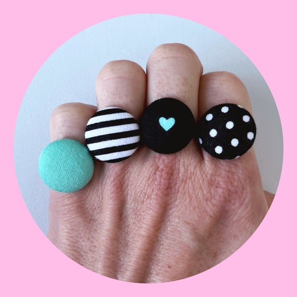 Mint Green Fabric Button Ring, Stripes Fabric Covered Ring, Adjustable Stainless Steel Ring, Polka Dot Ring, Retro Handmade Feminine Jewelry