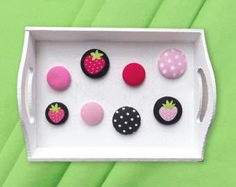 Retro Pink Strawberry Fabric Button Magnets Set, Polka Dot Button Magnets, Summer Fruit Magnet Set, Cute Gift For Her, Teacher Gift