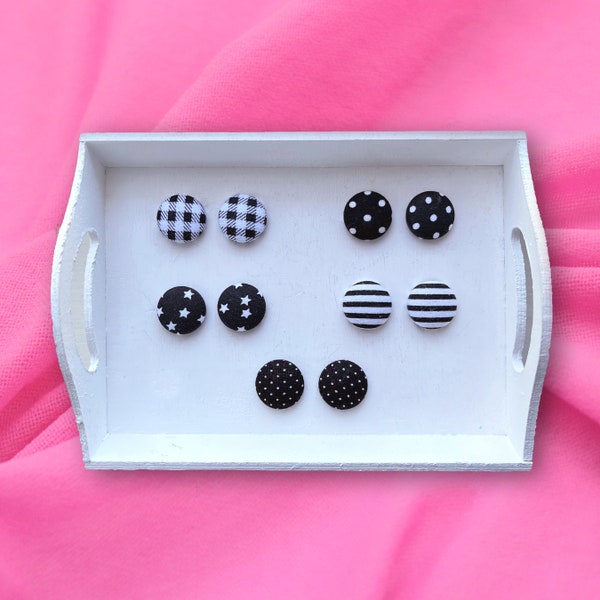Retro Black and White Fabric Button Stud Earrings, Clip-on Polka Dot Studs, Striped Studs, Cute Gift For Her, Pretty Fabric Stud Earrings