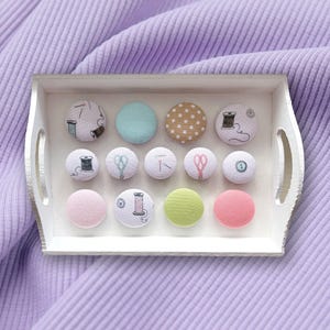 Retro Sewing Notions Fabric Button Fridge Magnet Set, Pink Kitchen Sewing Magnets, Cute Fabric Covered Button Magnets, Set of 8 Magnets