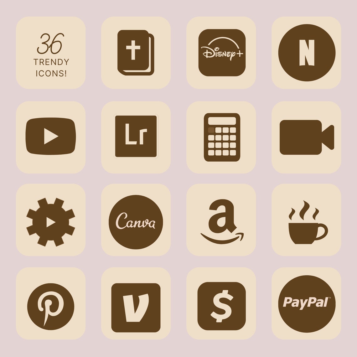 36 Dark Brown Minimal Ios14 Icon Set, Aesthetic Brown App Icons, 36 Simple Trendy Icons for