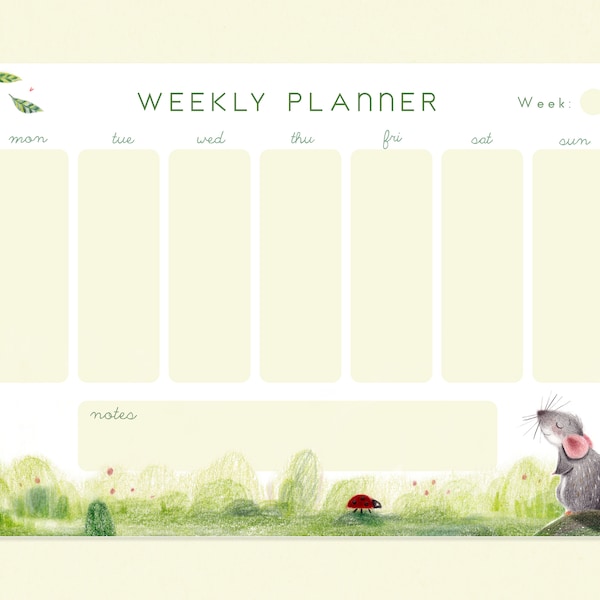 Cute Weekly Planner Printable - Undated - Green horizontal Planner Spread with cute mouse illustration