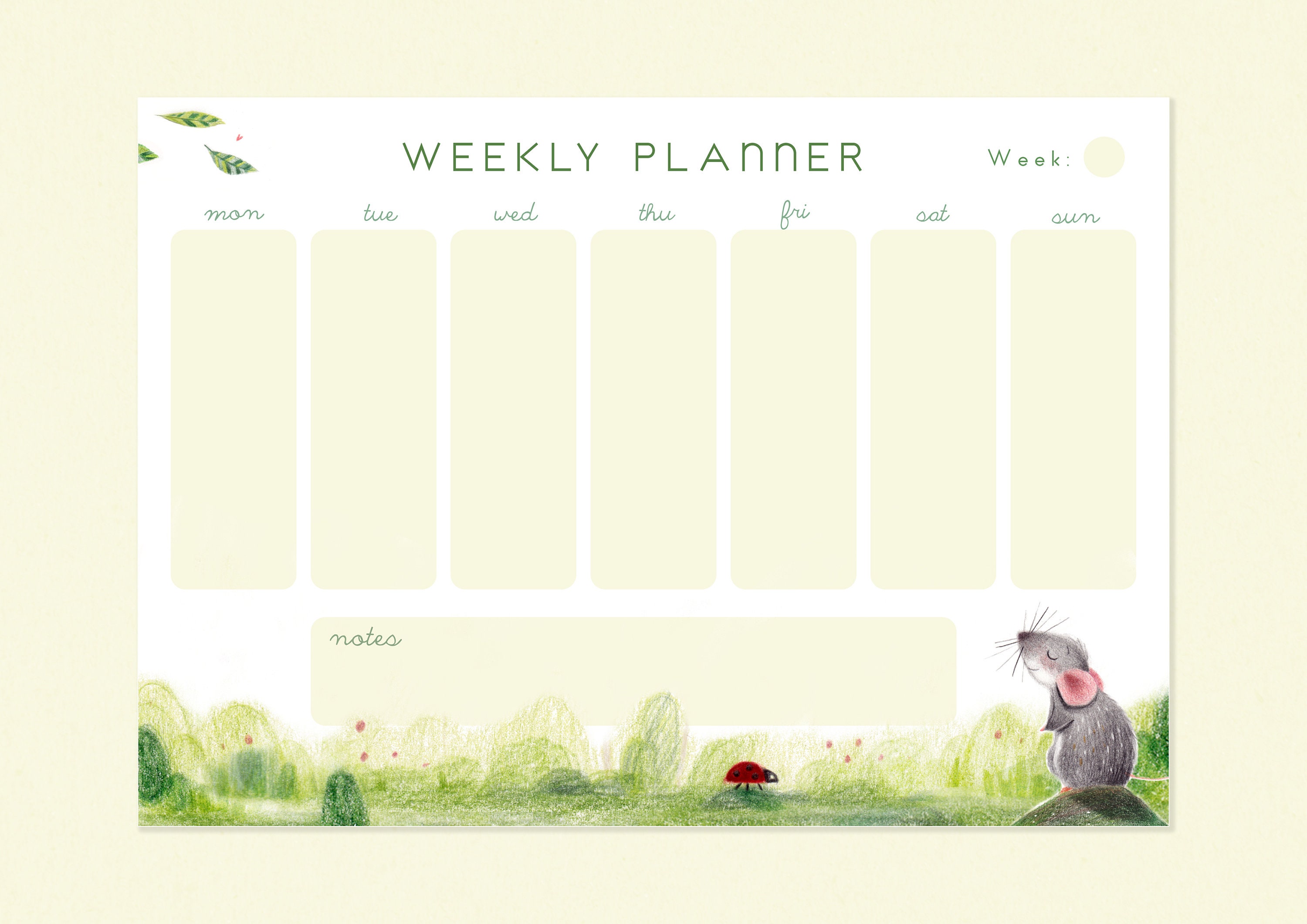 Cute Weekly Planner Printable Undated Green Horizontal Planner Spread ...
