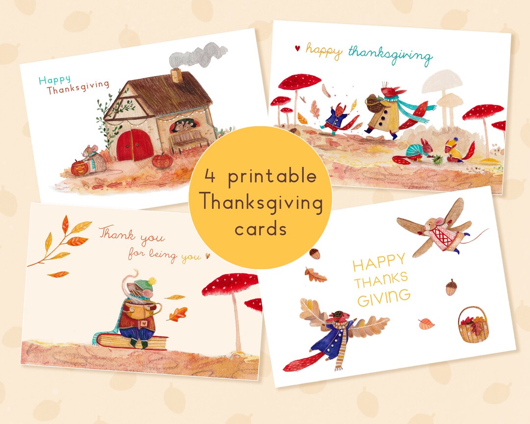 4 Printable Thanksgiving Cards Hand Painted and Ready to Print ...