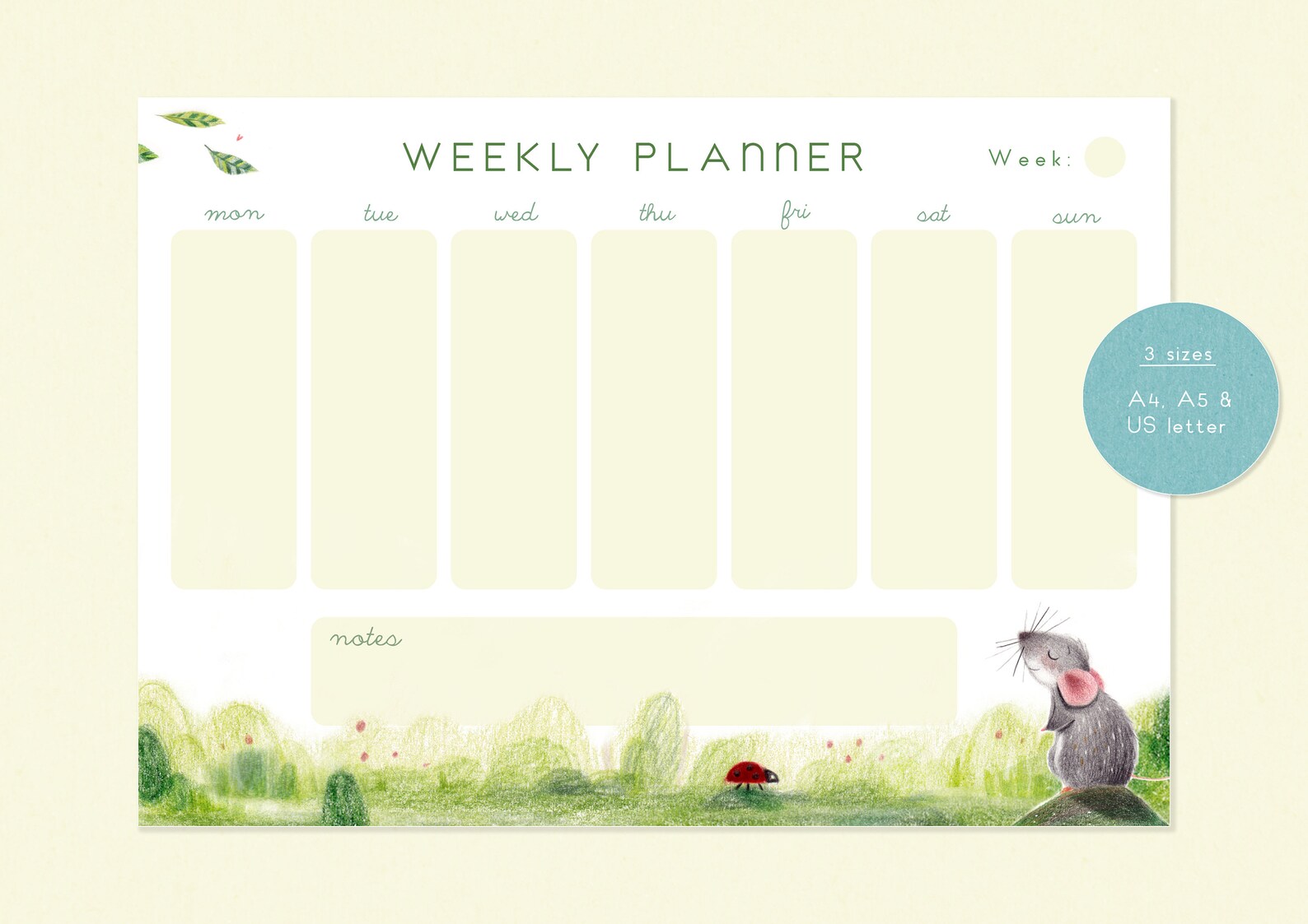 Cute Weekly Planner Printable Undated Green Horizontal Planner Spread ...