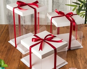 White Square Clear Plastic Cake Box 3 Piece