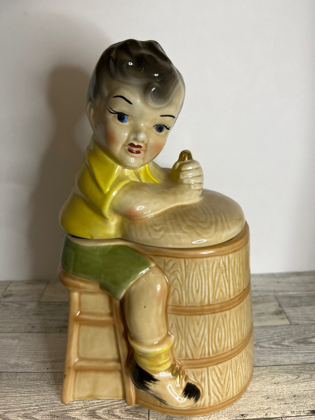1920s1930s Ceramic Cookie Jar Boy on Stool Churning Butter Etsy