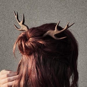 Può includere: Una persona con capelli rossicci indossa una clip decorativa a forma di corna. I capelli sono lunghi e mossi, con la clip posizionata sulla nuca. Lo sfondo è grigio neutro.