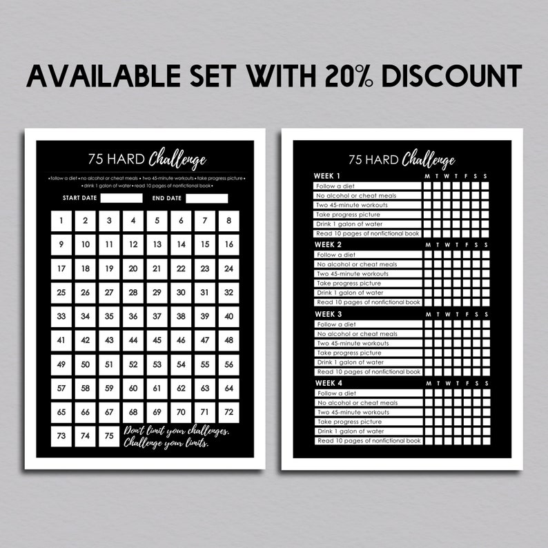75 HARD CHALLENGE TRACKER Progress Tracker Print Fitness Etsy
