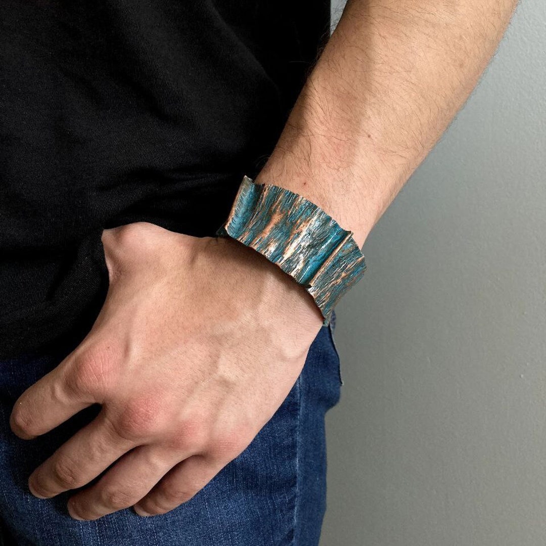 Turquoise Mens Copper Cuff Bracelet, Patina Boho Cuff, Antique Bracelet