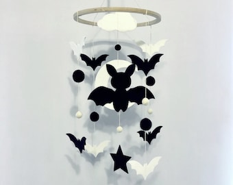 Bat Baby Mobile: Halloween Nursery Decor, Black & White Hanging Bats